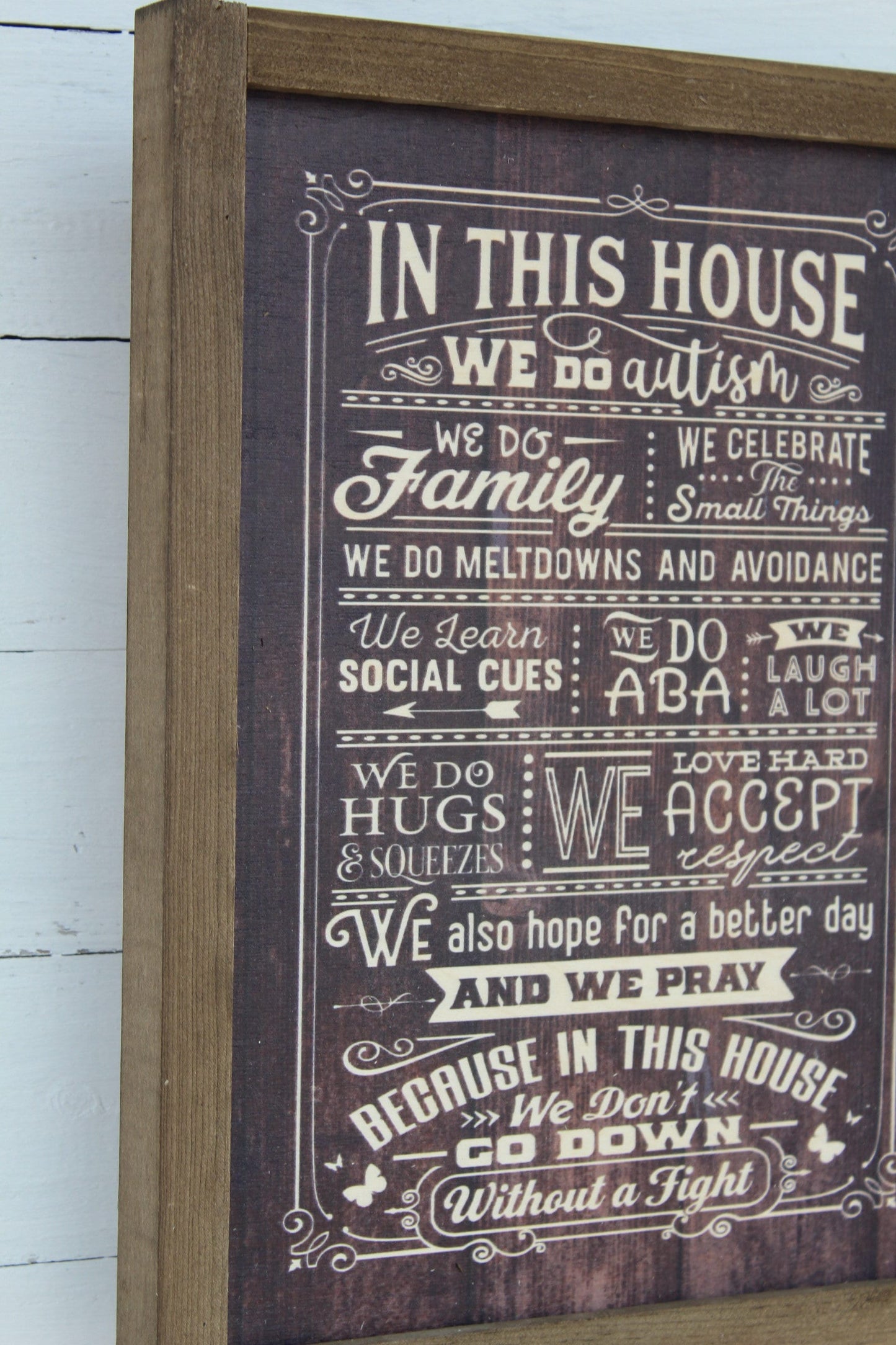 In This House We Do Autism Wood Sign Family Social Cues Celebrate ABA Hugs Prayer Wall Art Print Rustic Pallet Wood Hugs Love Meltdowns