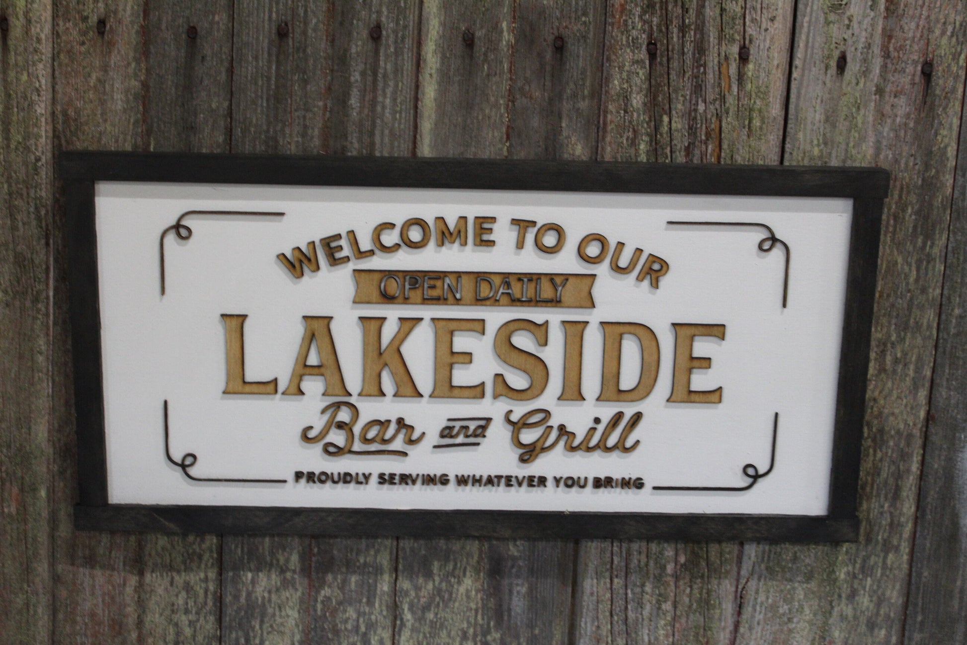 Welcome To Bar and Grill Lake Wood Sign Lakeside 3D Raised Text Serving Whatever You Bring Handmade Rustic Primitive Lake House Beach House