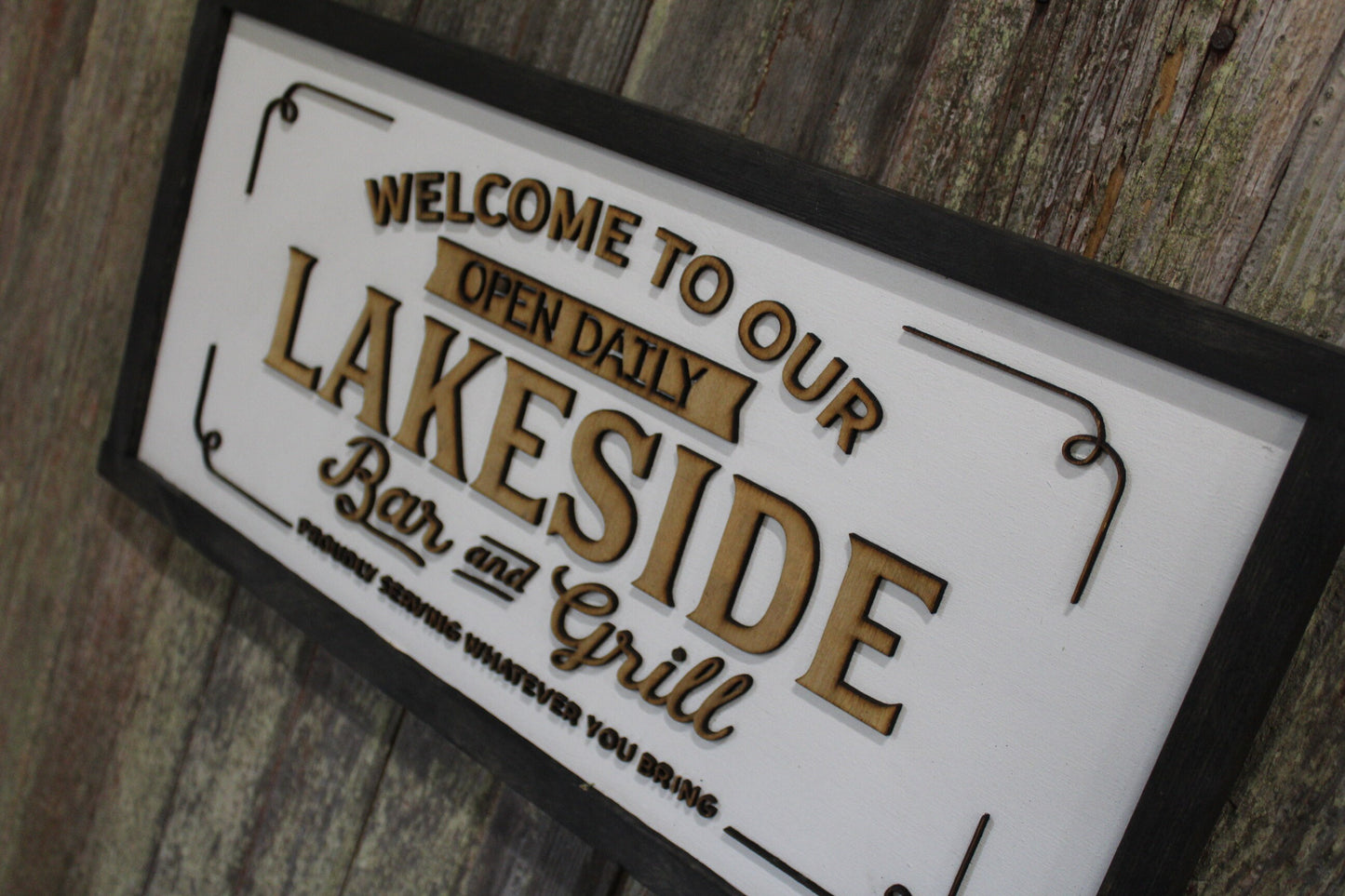 Welcome To Bar and Grill Lake Wood Sign Lakeside 3D Raised Text Serving Whatever You Bring Handmade Rustic Primitive Lake House Beach House