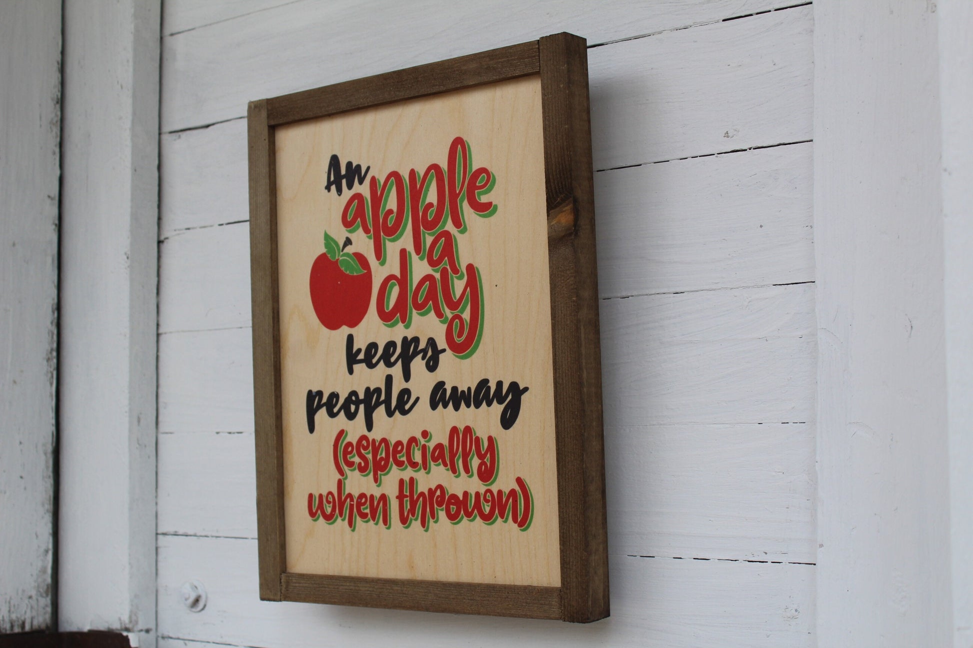 An Apple A Day Keeps People Away Especially When Thrown Funny Teacher Doctor Kitchen Sign Rustic Wood Print Decor Farmhouse Primitive Wall