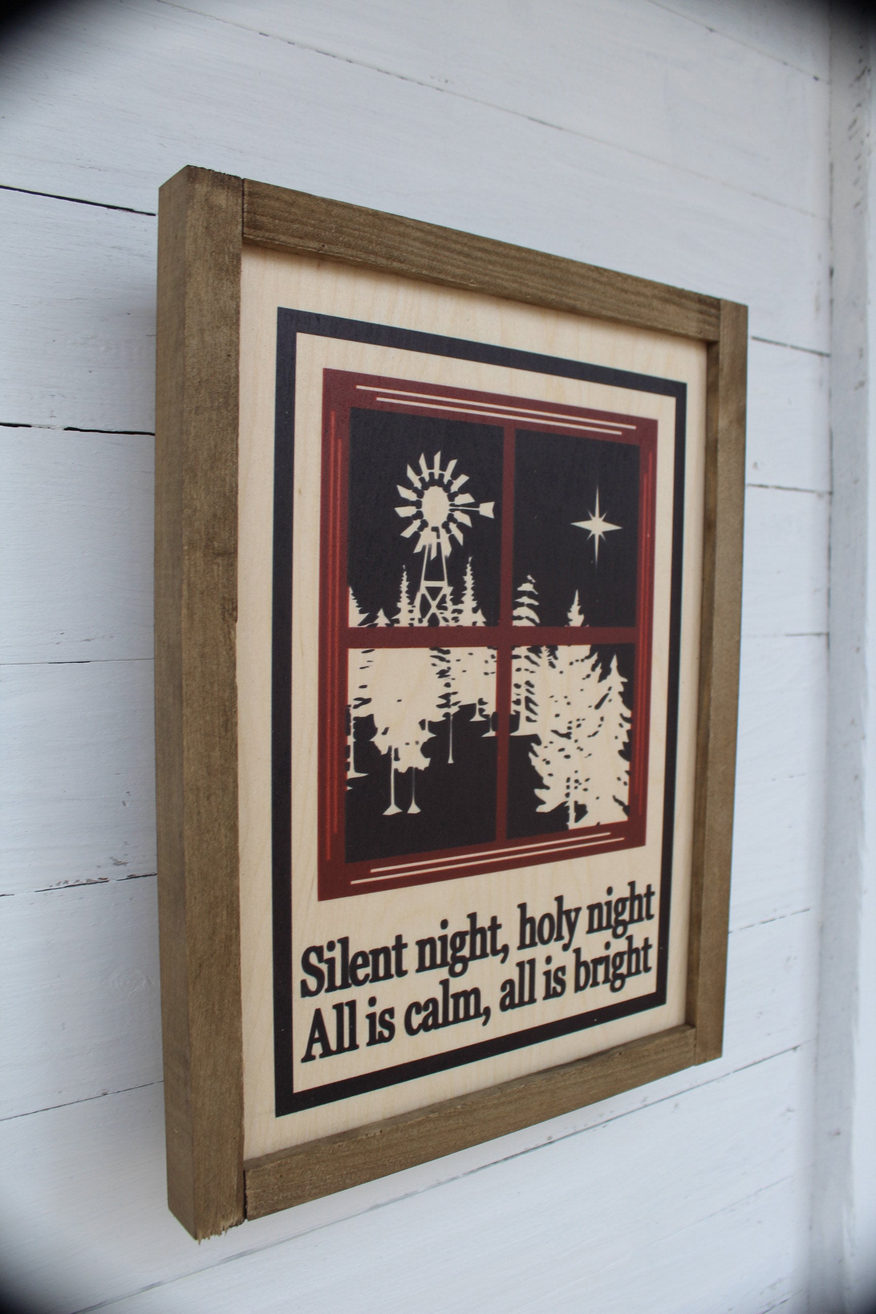 Silent Night Wood Holy Night All Is Calm Looking Out a Window Sign Rustic Farmhouse Primitive Wall Art Décor Windmill Christmas Winter Scene