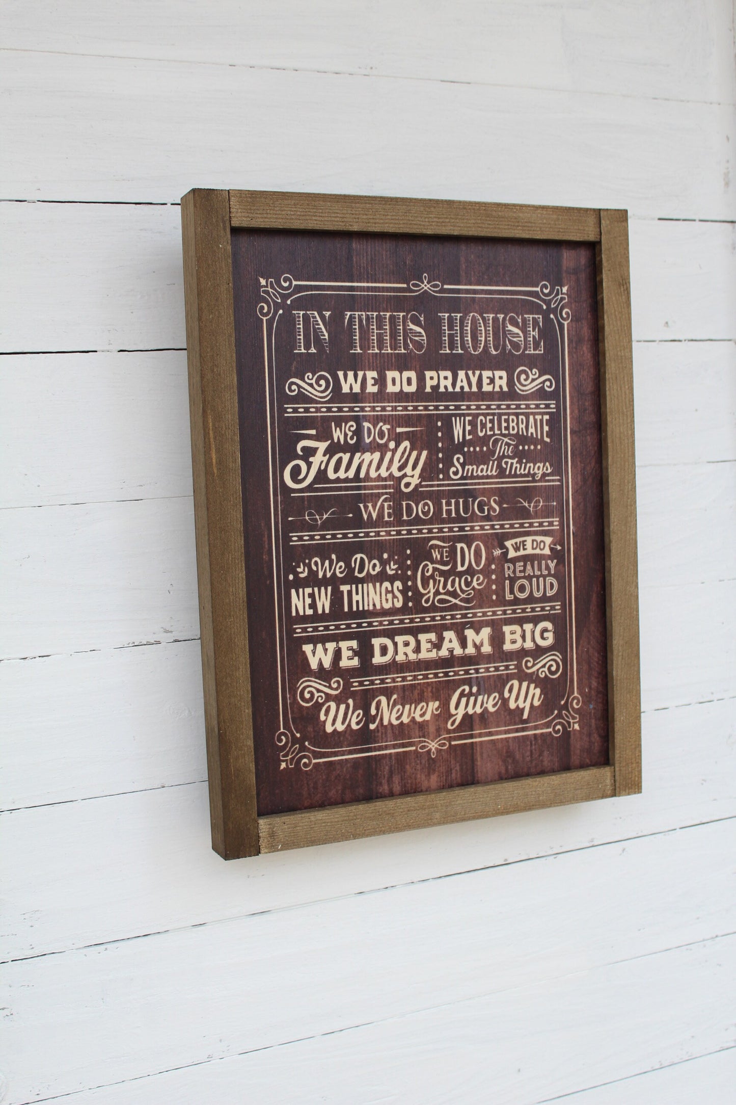 In This House Wood Sign Family Celebrate Hugs Grace Loud Dream Big Never Give Up Print Farmhouse Rustic Barnwood Pray Rules List