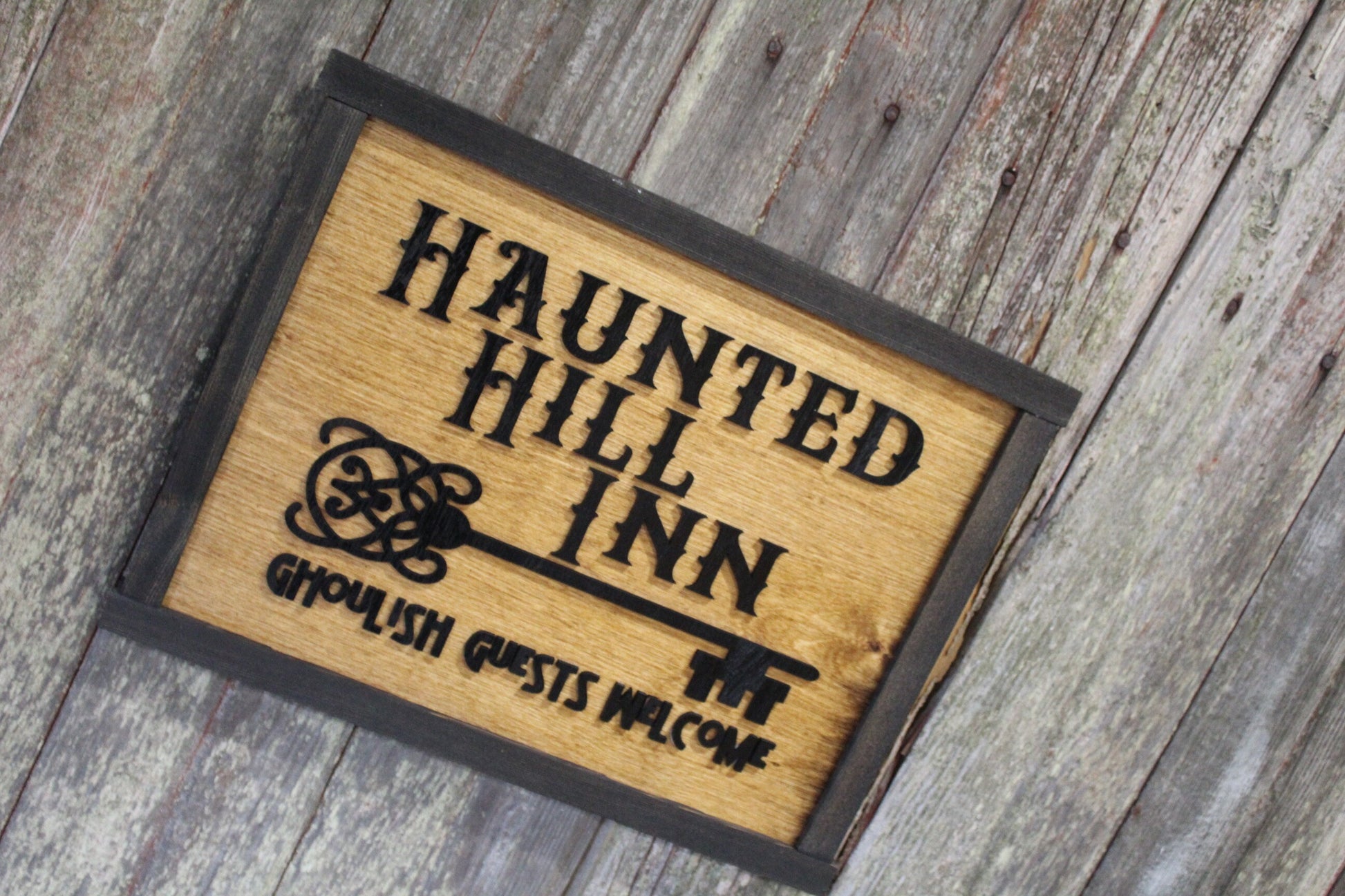 Haunted Hill Inn Halloween Wood Sign 3D Raised Text Ghoulish Guest Welcome BNB Wall Decor Decoration Ghost Rustic Country Picture Primitive