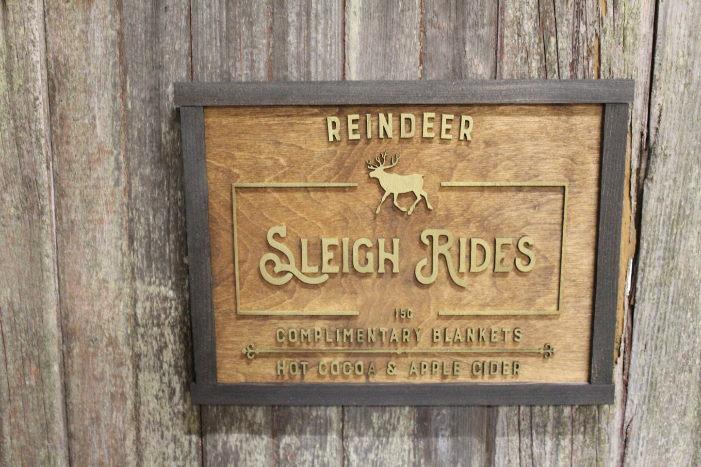 Reindeer Sleigh Rides Wood Sign Christmas Winter Decoration Blankets Coco 3D Raised Text Country Barn Farmhouse Cabin Wall Art Deer