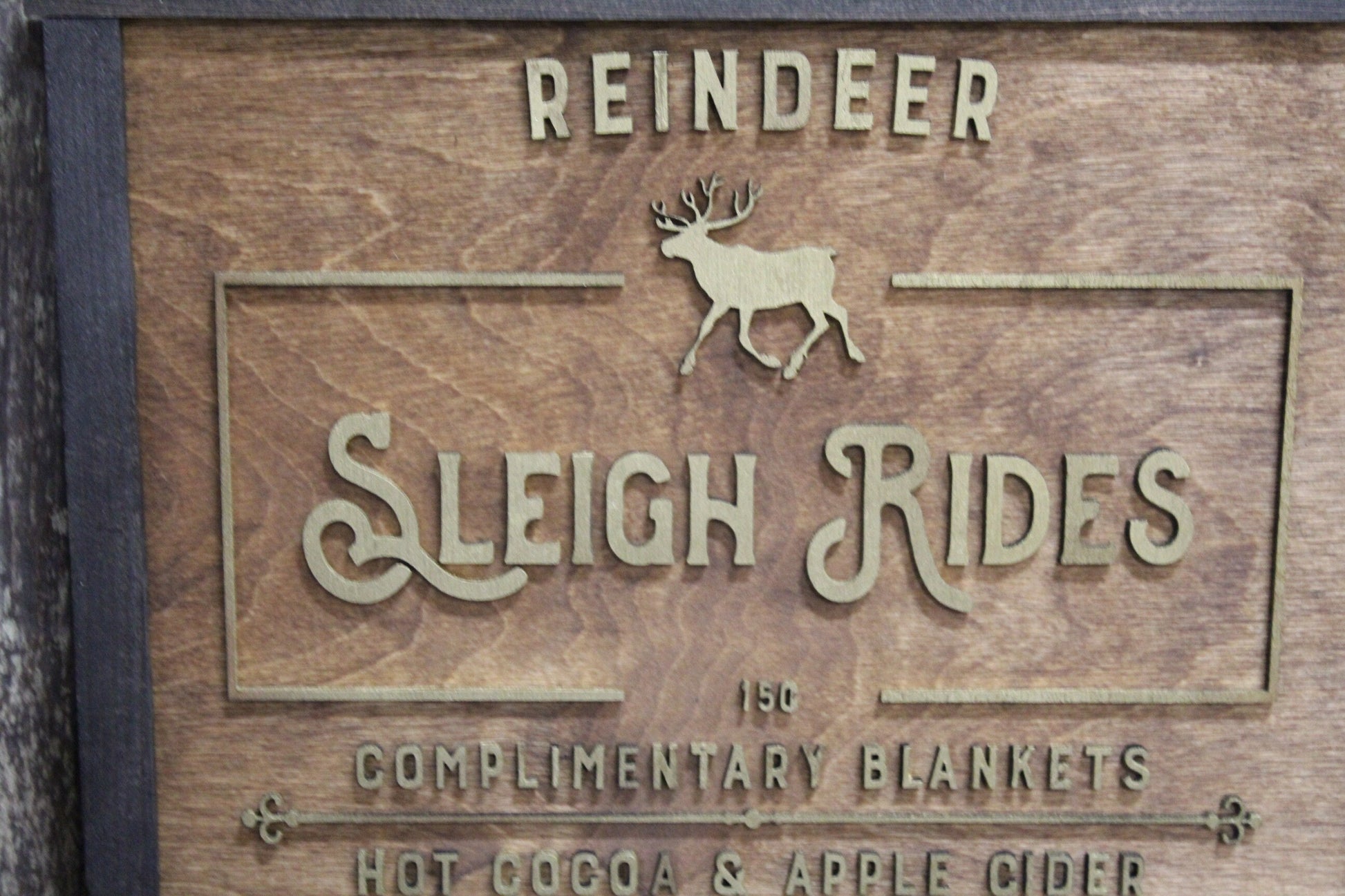 Reindeer Sleigh Rides Wood Sign Christmas Winter Decoration Blankets Coco 3D Raised Text Country Barn Farmhouse Cabin Wall Art Deer