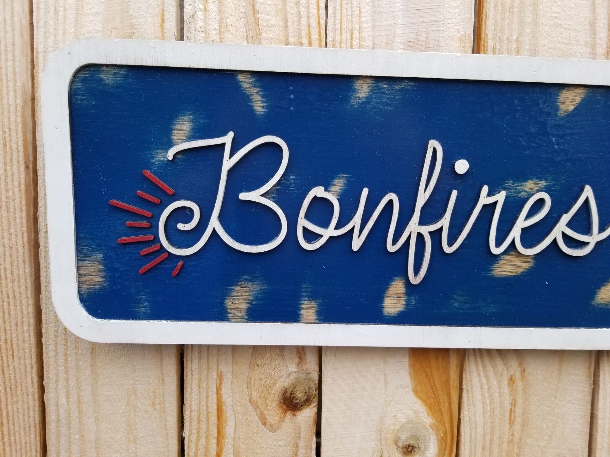 Bonfires and Sunshine Raised Text Wood Sign Camping Rustic Red White Blue Handmade 3D Patriotic Summer Outdoors Porch Sign Garden Fire