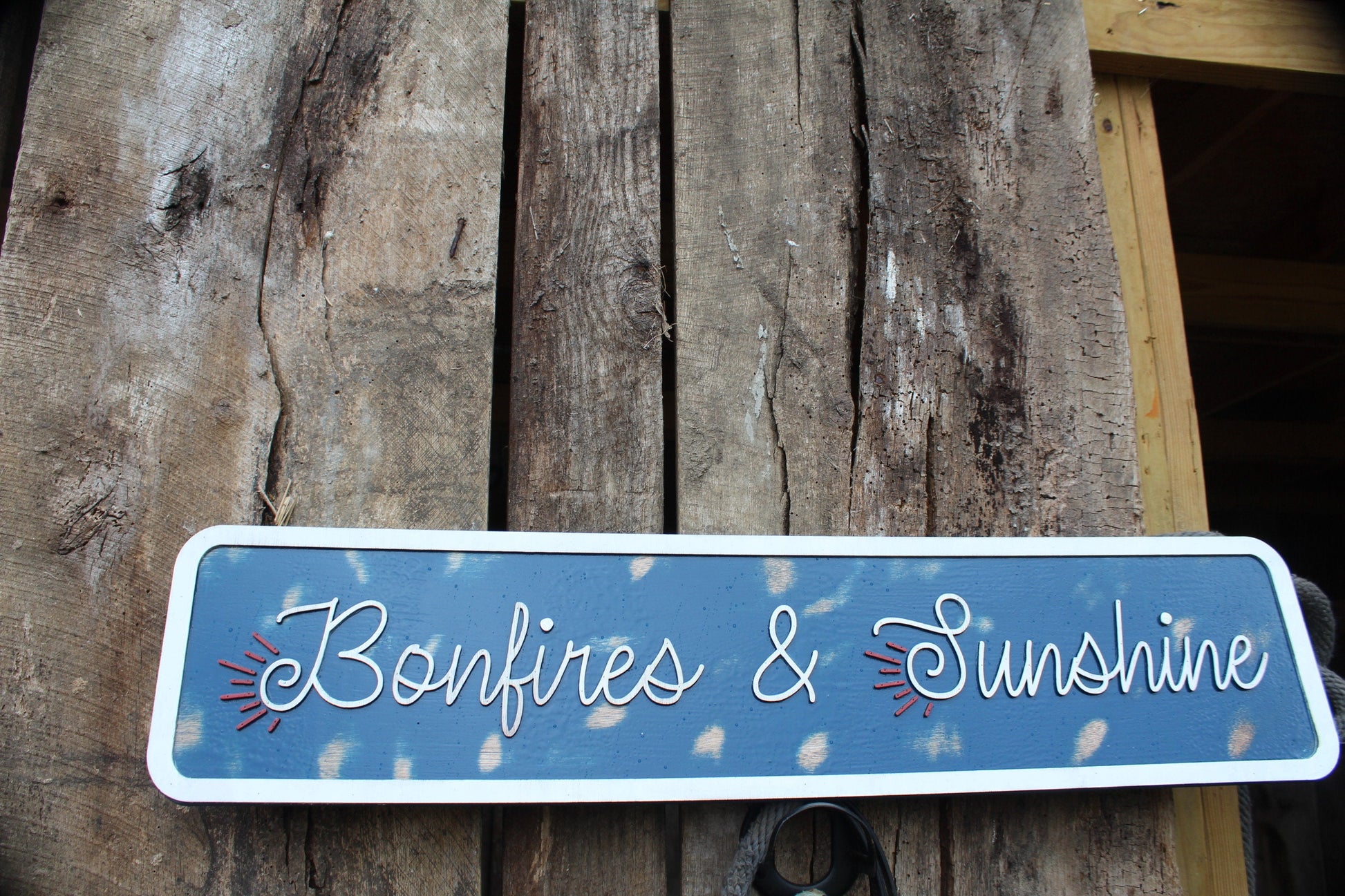 Bonfires and Sunshine Raised Text Wood Sign Camping Rustic Red White Blue Handmade 3D Patriotic Summer Outdoors Porch Sign Garden Fire