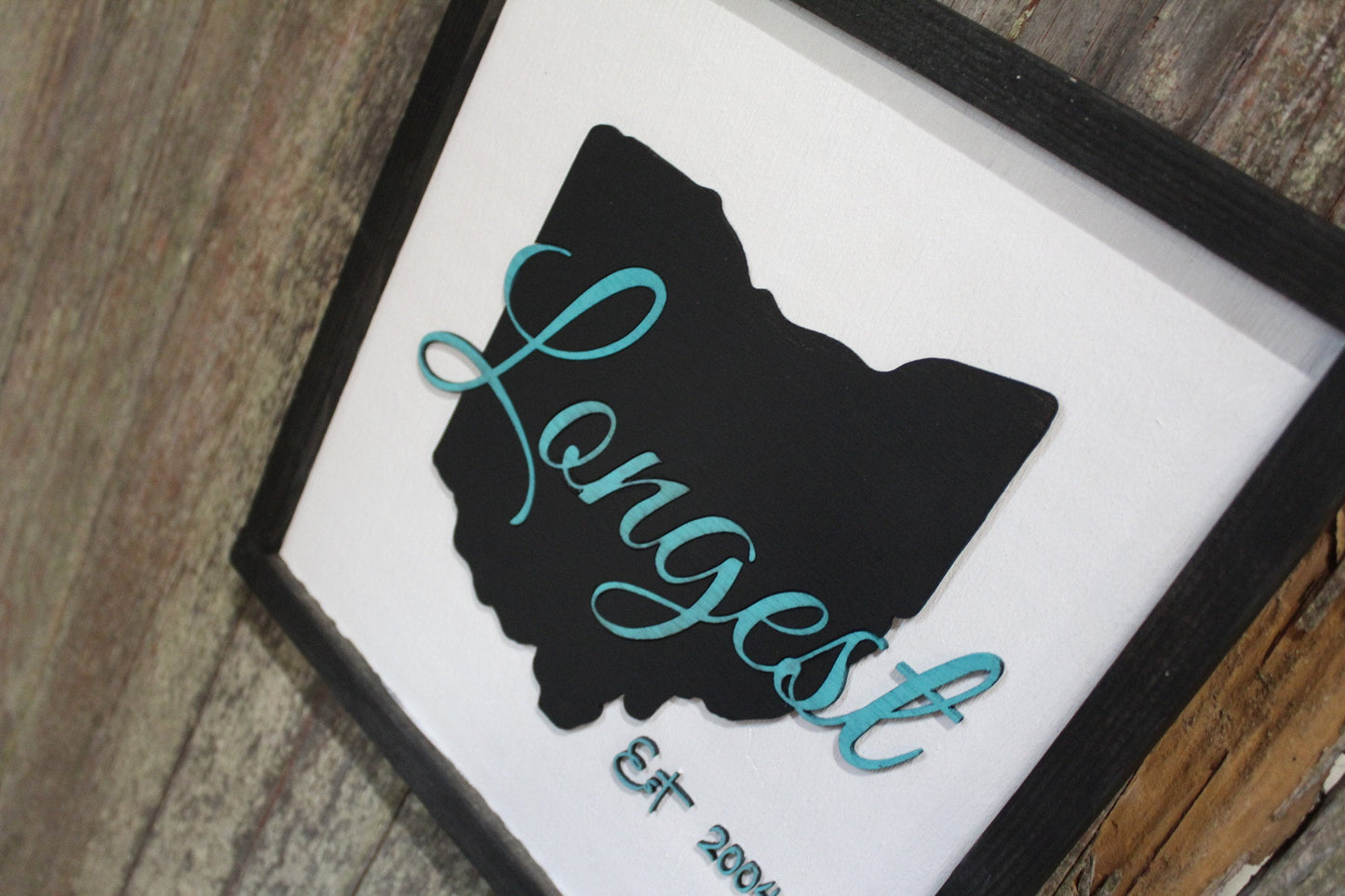Custom State and Last Name Personalization Established Wood Sign 3D Raised Text Personalize Wedding New Home Gift Black Teal Travel Home