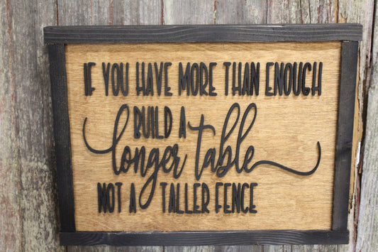 Build A Longer Table Not a Taller Fence Wood Sign Encouragement 3D Raised Text Country Farmhouse Cabin Decor Dining Room Compassion Family