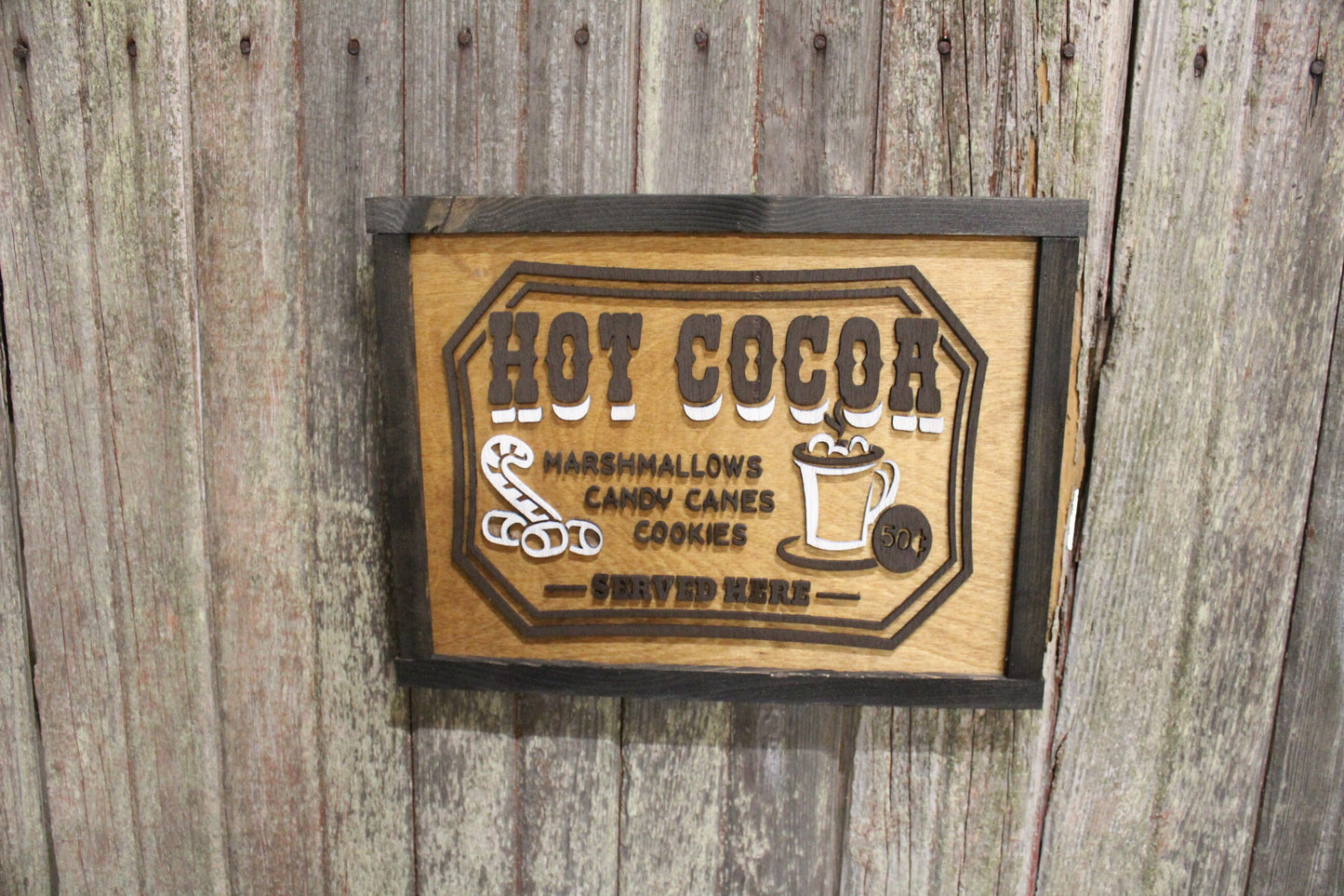 Hot Cocoa Wood Sign Chocolate Winter Cold Brr Served Here Marshmallows Candy Cane Cookies Coco Bar 3D Raised Text Country Cabin Decor