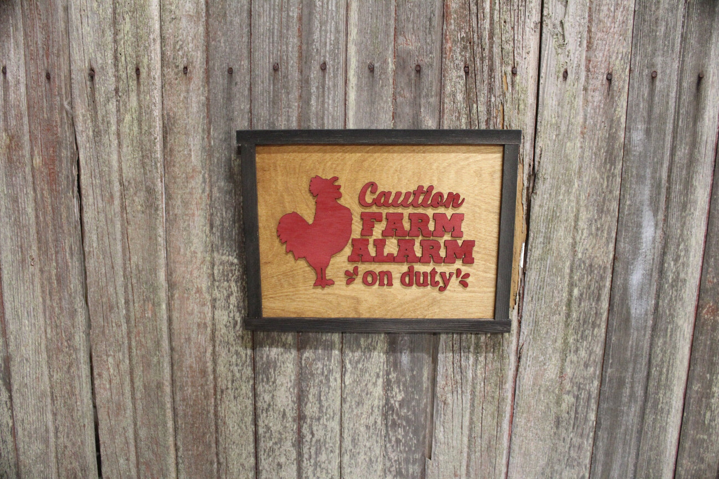 Rooster Alarm Clock Wood Sign Caution Farm Alarm On Duty Chicken Wood Sign 3D Raised Text Rustic Country Cabin Wall Art Dining Room Red