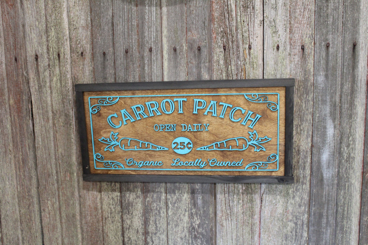 Carrot Patch Spring Sign 3D Raised Text Easter Rabbit Bunnies Open Daily Organic Locally Grown Framed Teal Brown Handmade Rustic Primitive