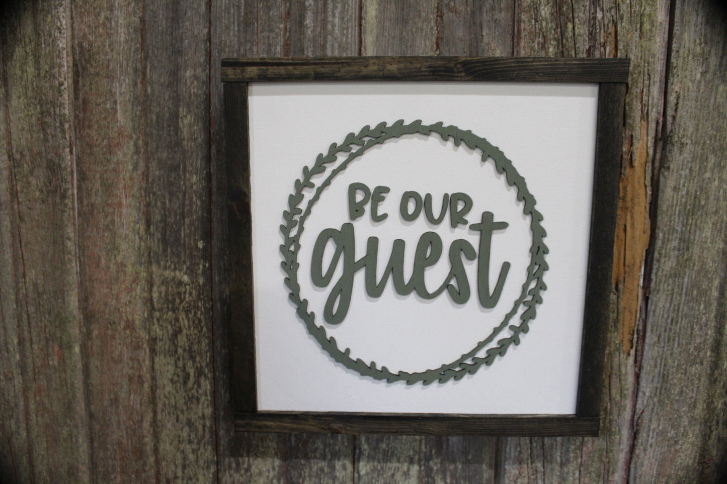 Be Our Guest Wood Sign 3D Raised Text Script Laurel Wreath Country Primitive Framed Wall Hanging Decoration Porch Decor Black White Green