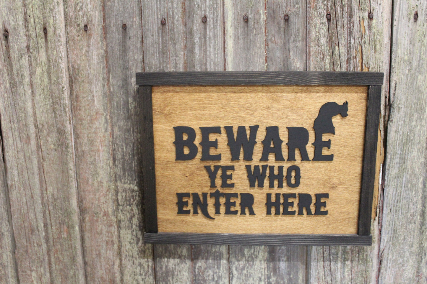 Gargoyle Beware Ye Who Enter Here Wood Sign 3D Raised Text Halloween Fall Brown Black Scary Warning Primitive Wall Hanging Decoration Decor