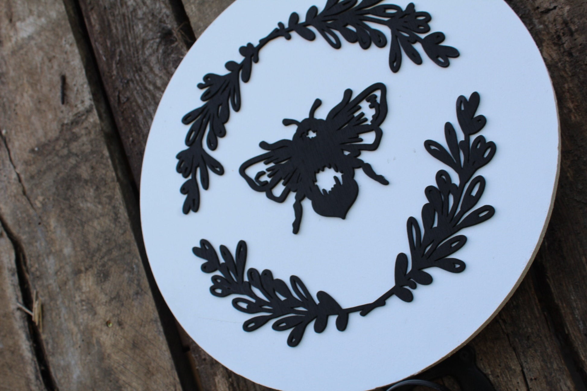 Bee Wood Sign Queen Scroll Work 3D Raised Text Black and White Bumble Bee Floral Flowers Wreath Rustic Round Honey Bee Hive Farmhouse