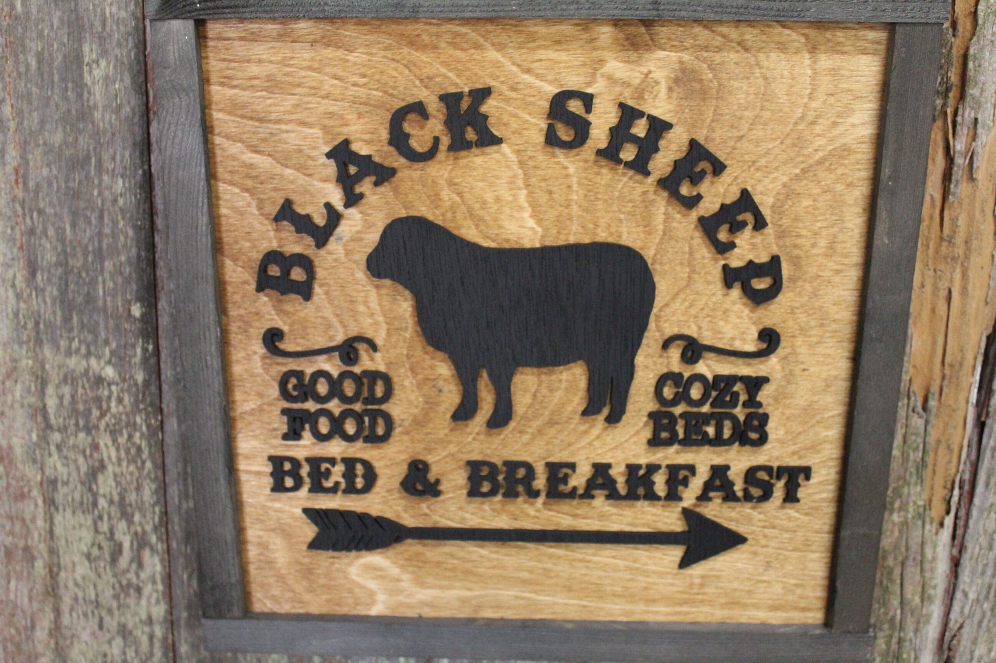 Black Sheep BNB Wood Sign Bed and Breakfast 3D Raised Text Cozy Beds Good Food Advertising Farm House Country Decor Kitchen Rustic Cabin