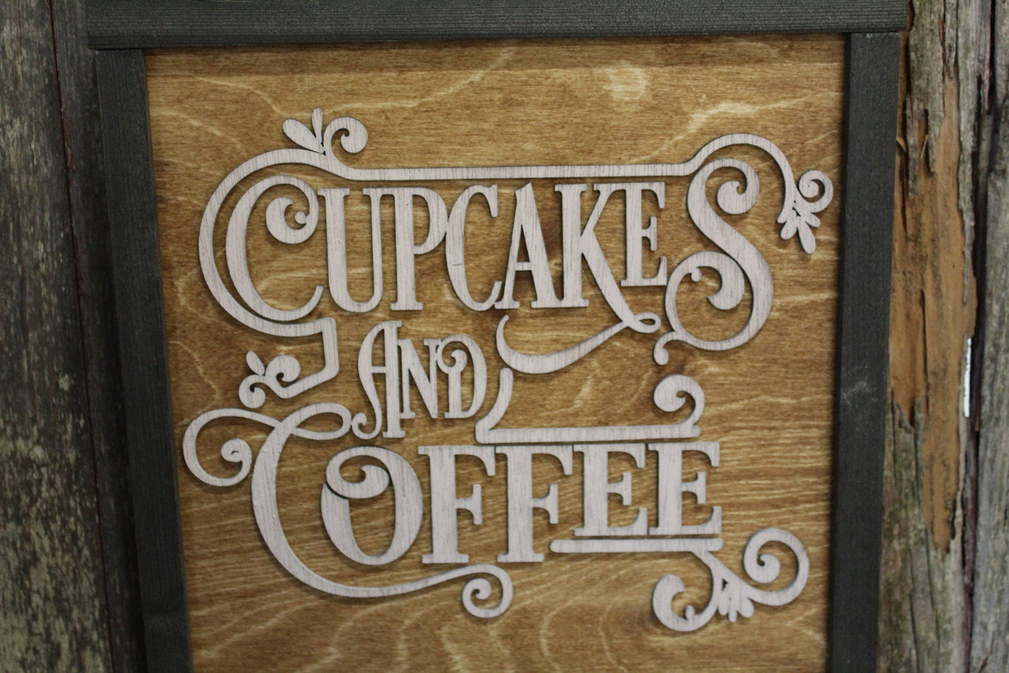 Cupcakes and Coffee Script Raised Text Wood Sign 3D Kitchen Sign Bakery Decoration Dessert Bar Coffee Bar Rustic Primitive Wall Decor