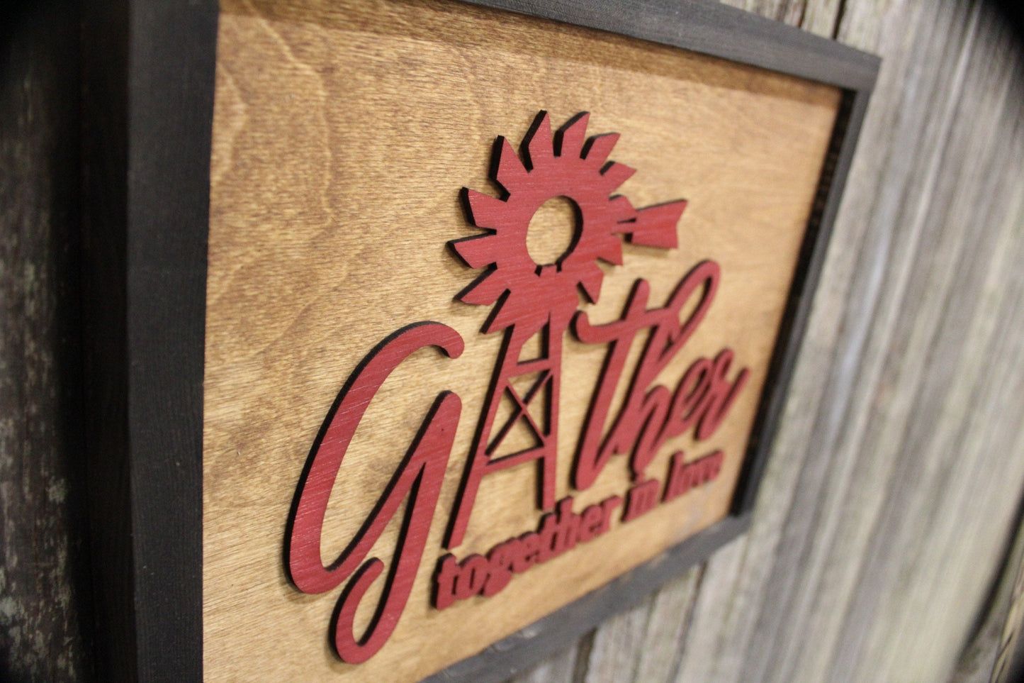 Gather Together In Love Wood Sign 3D Raised Text Windmill Rustic Country Cabin Decoration Wall Art Kitchen Dining Room Red Housewarming