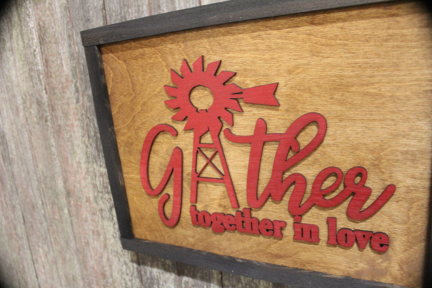 Gather Together In Love Wood Sign 3D Raised Text Windmill Rustic Country Cabin Decoration Wall Art Kitchen Dining Room Red Housewarming