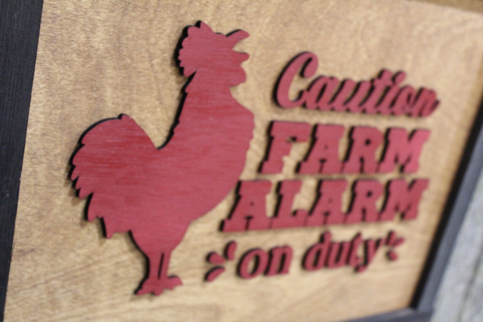 Rooster Alarm Clock Wood Sign Caution Farm Alarm On Duty Chicken Wood Sign 3D Raised Text Rustic Country Cabin Wall Art Dining Room Red