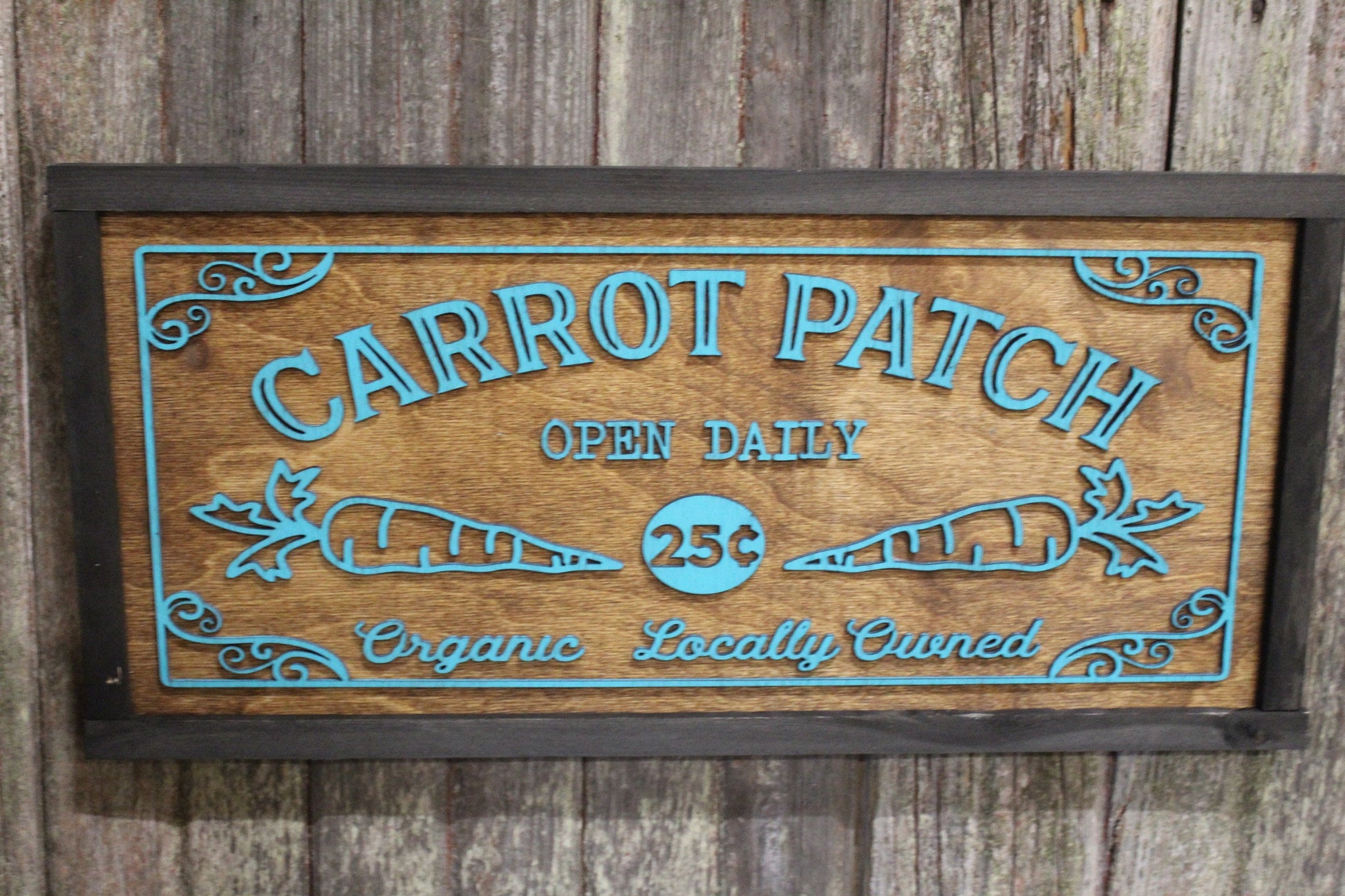 Carrot Patch Spring Sign 3D Raised Text Easter Rabbit Bunnies Open Daily Organic Locally Grown Framed Teal Brown Handmade Rustic Primitive
