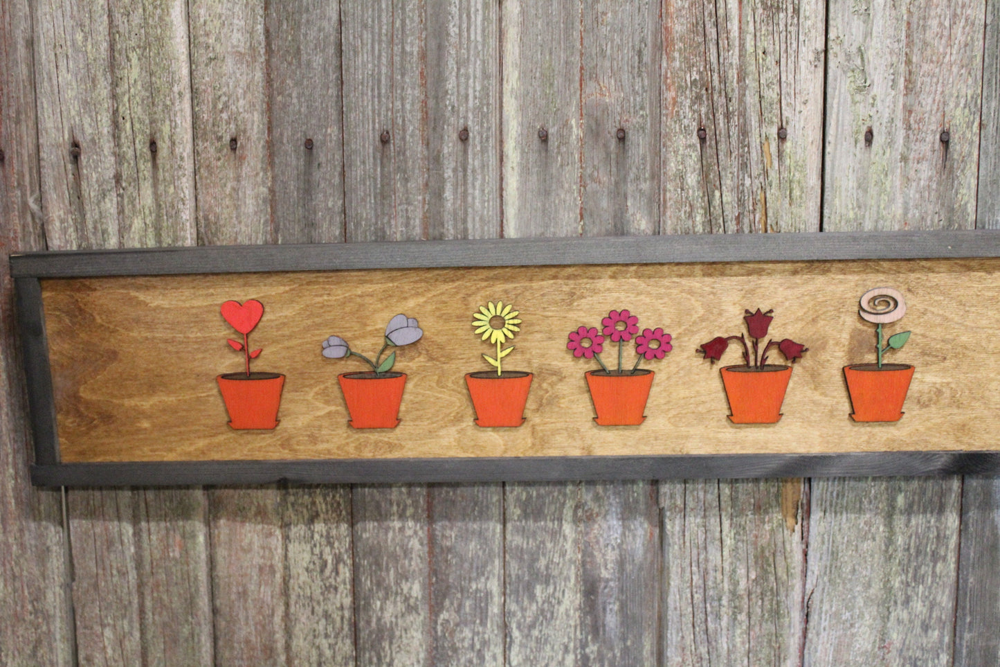 Flower Pot Flowers Floral Wood Décor Cartoon Wall Hanging Country Farmhouse Shabby Chic 3D Raised Image Daisy Heart Bloom Rustic Greenhouse