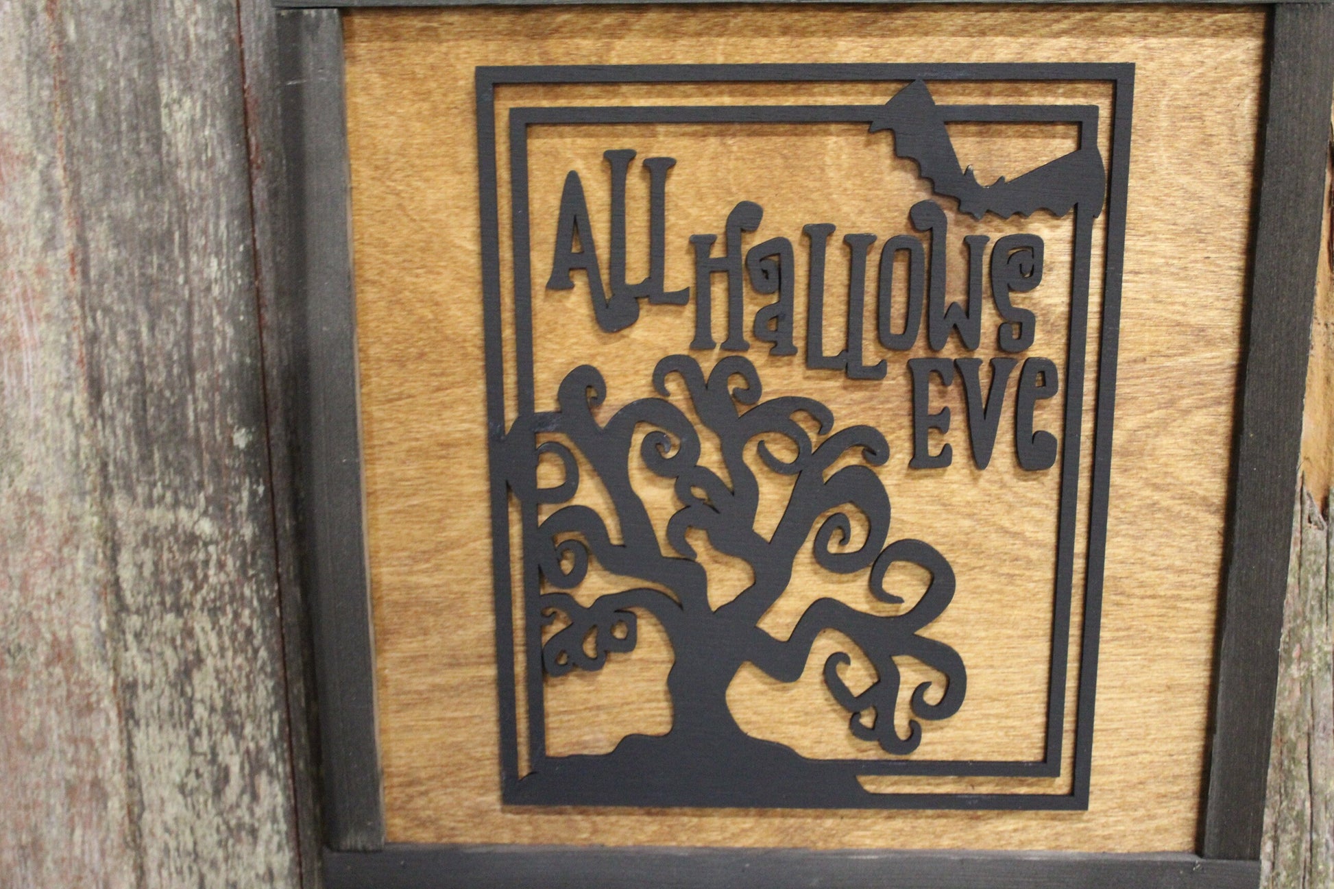 All Hallows Eve Wood Sign 3D Raised Text Script Halloween Fall Tree Bat Spooky Country Primitive Framed Wall Hanging Decoration Porch Decor