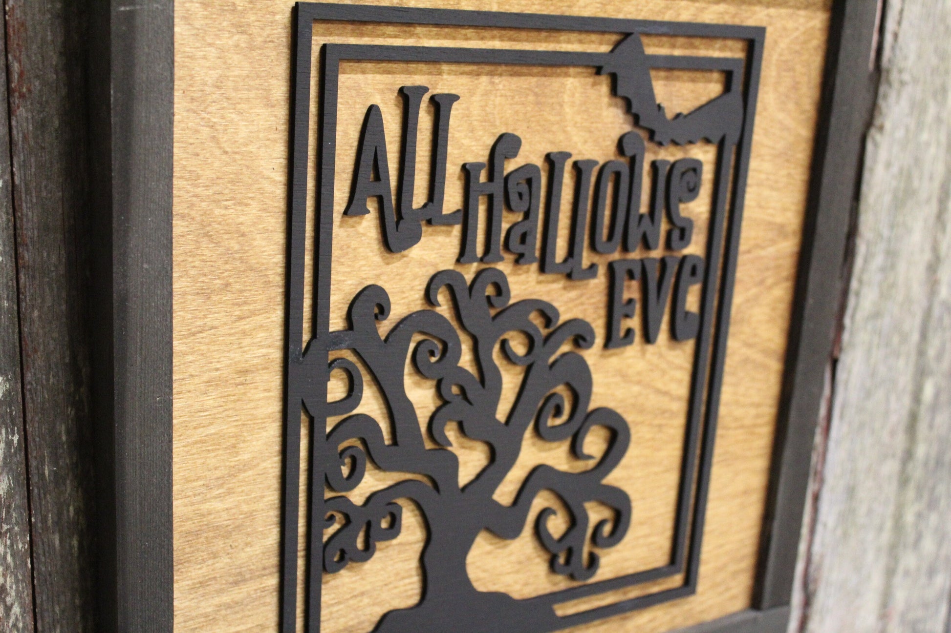 All Hallows Eve Wood Sign 3D Raised Text Script Halloween Fall Tree Bat Spooky Country Primitive Framed Wall Hanging Decoration Porch Decor