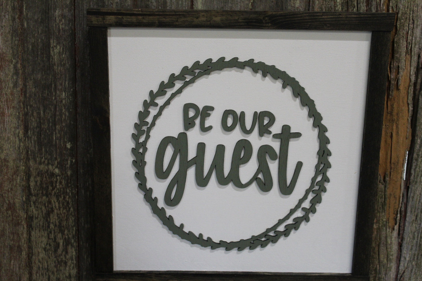 Be Our Guest Wood Sign 3D Raised Text Script Laurel Wreath Country Primitive Framed Wall Hanging Decoration Porch Decor Black White Green
