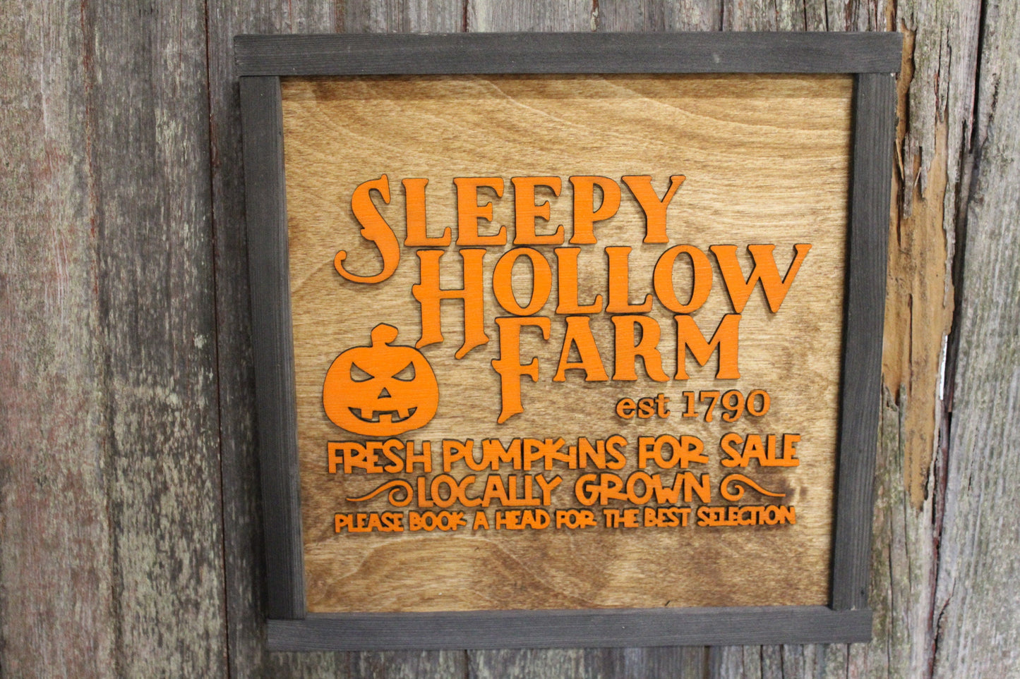 Sleepy Hollow Farm Wood Sign 3D Raised Text Fresh Pumpkins For Sale Please Book A Head Halloween Joke Silly Wall Hanging Decoration Decor