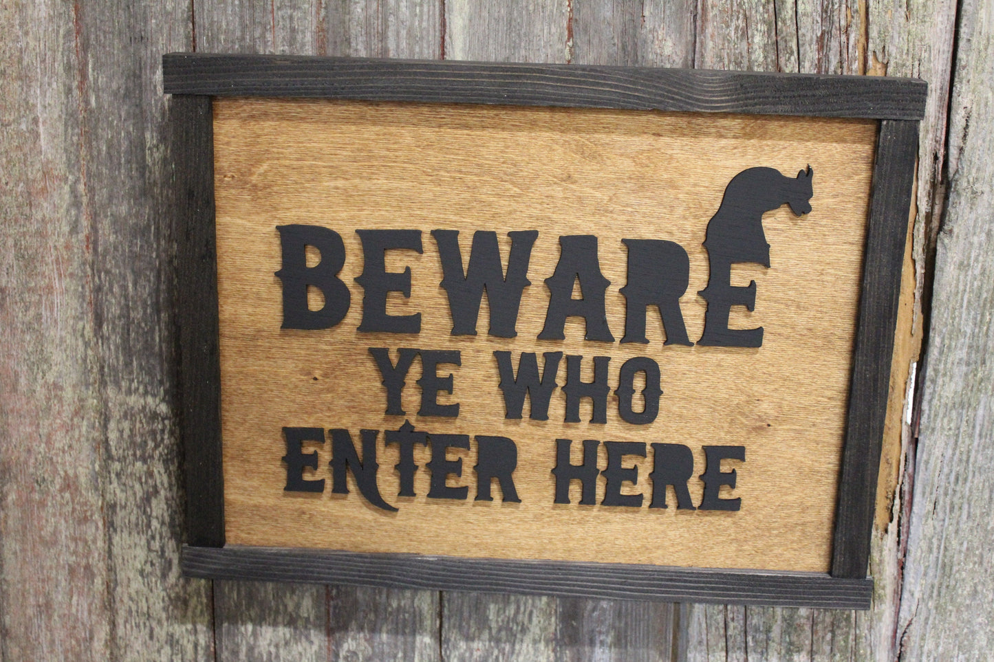 Gargoyle Beware Ye Who Enter Here Wood Sign 3D Raised Text Halloween Fall Brown Black Scary Warning Primitive Wall Hanging Decoration Decor