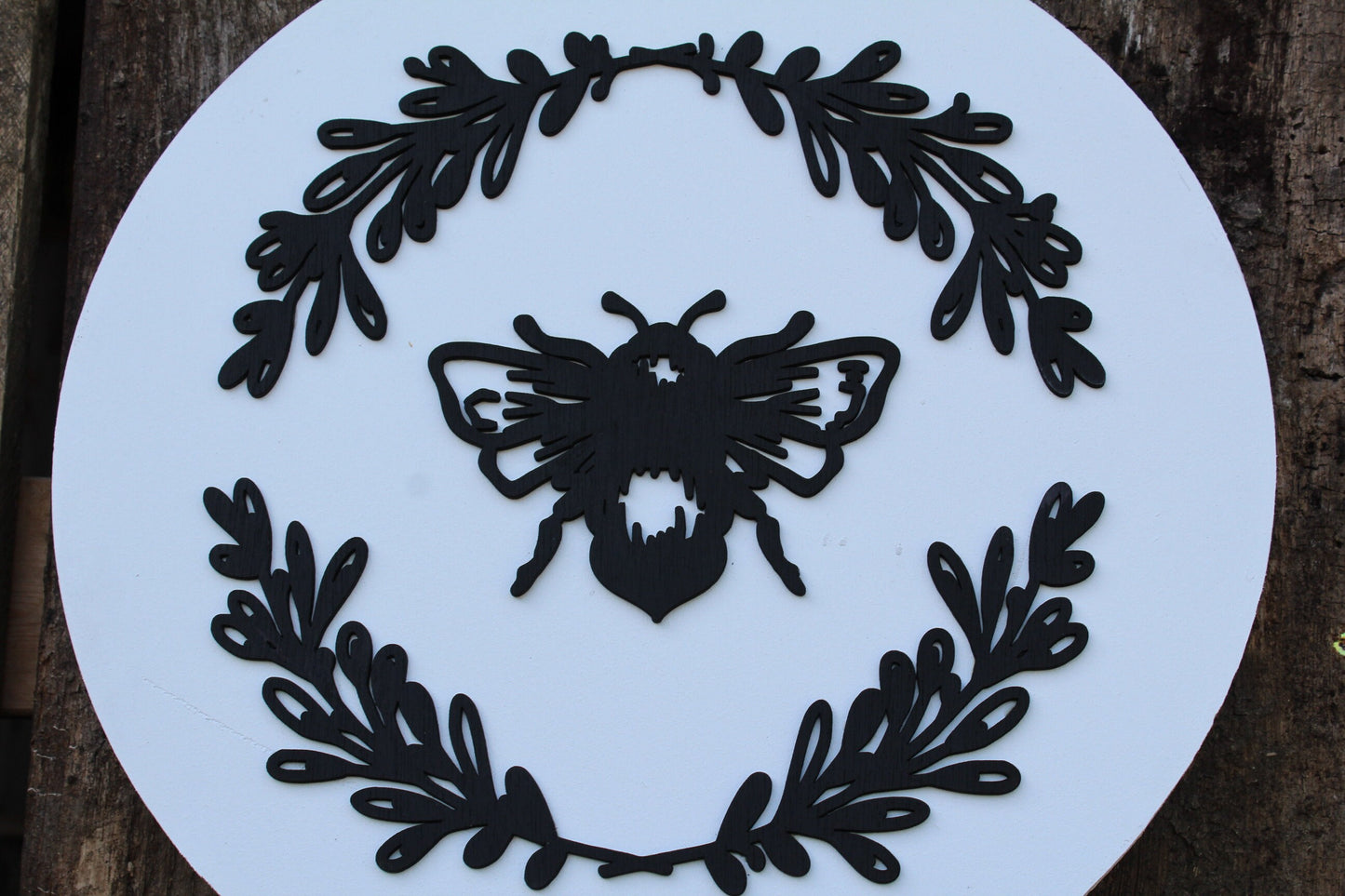 Bee Wood Sign Queen Scroll Work 3D Raised Text Black and White Bumble Bee Floral Flowers Wreath Rustic Round Honey Bee Hive Farmhouse