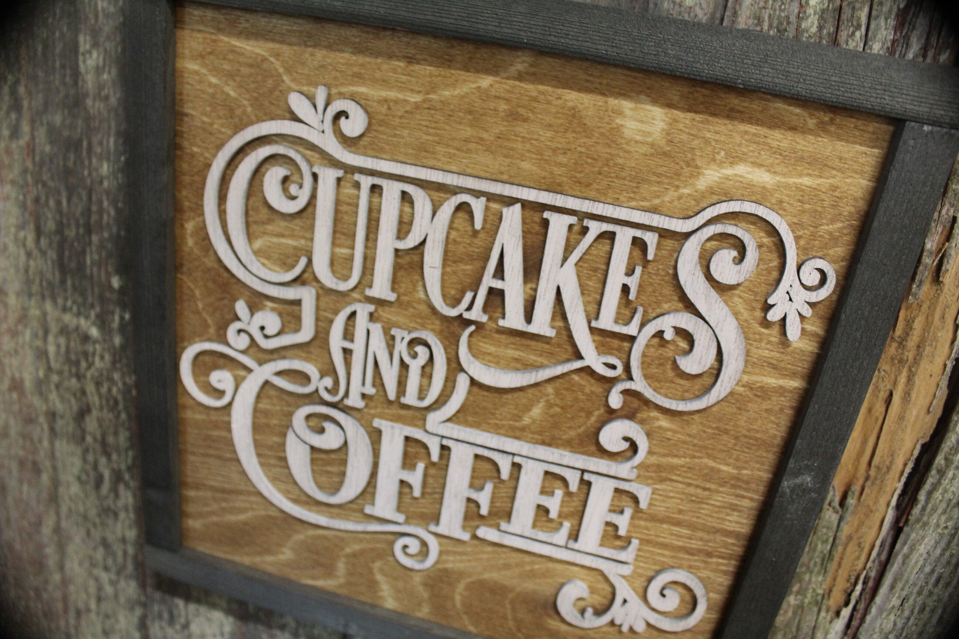 Cupcakes and Coffee Script Raised Text Wood Sign 3D Kitchen Sign Bakery Decoration Dessert Bar Coffee Bar Rustic Primitive Wall Decor