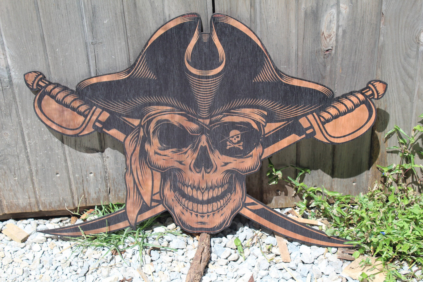 Huge Pirate Skeleton Cut Out UV Printed Halloween Party Theme Wood Wall Decoration Skull Sword Cross Bones Ship Flying Dutchman Nautical