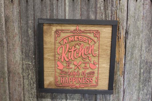 Messy Kitchen Silly Decoration Wall Sign Messy Kitchen Sign of Happiness Raised Text Country Wood Decor Wall Hanging Phrase Dirty Dishes