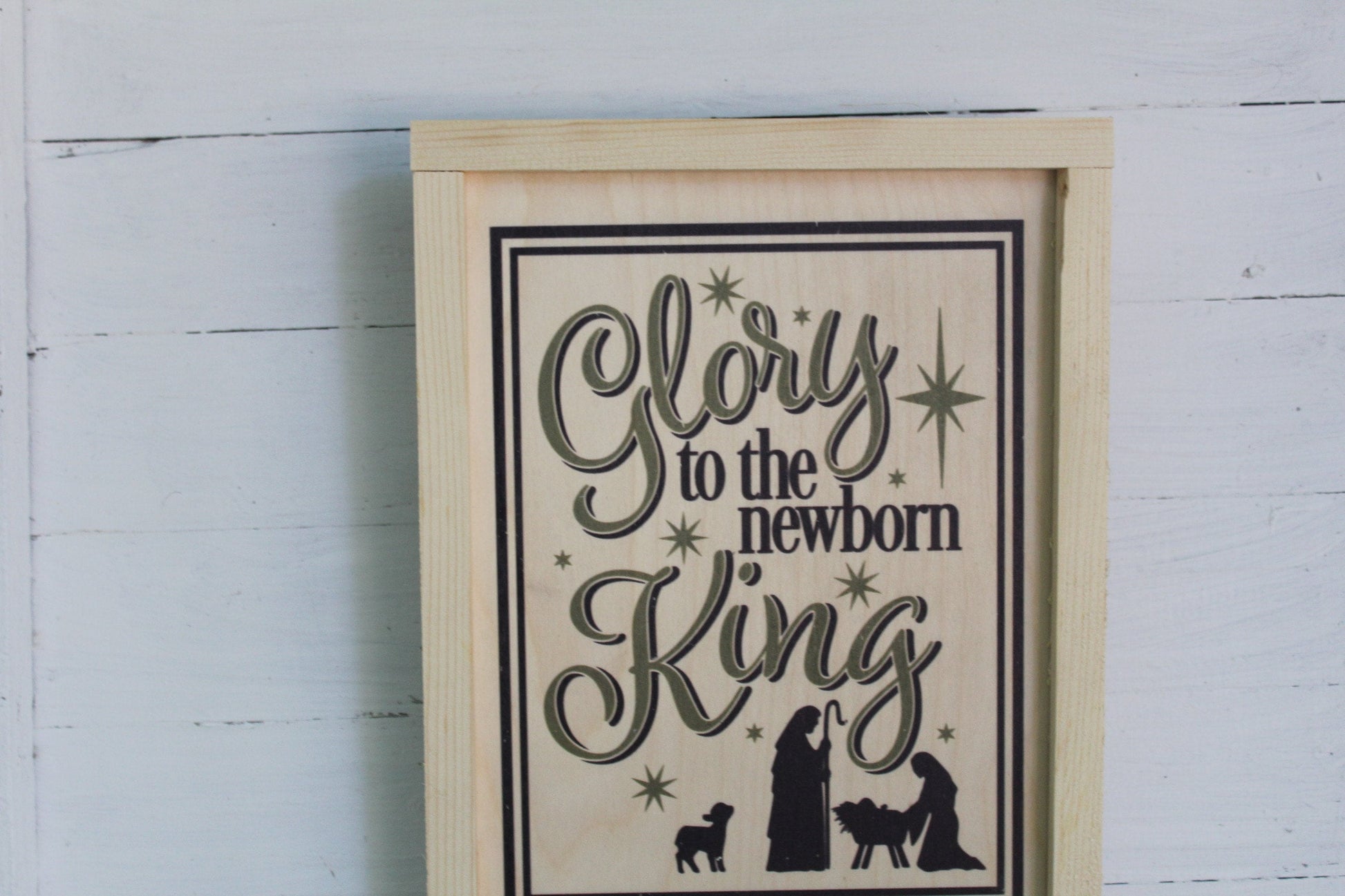 Glory To The New Born King Wood Sign Nativity Holy Family Hanging Decoration Primitive Wall Art Jesus Birth Framed Christmas Decor