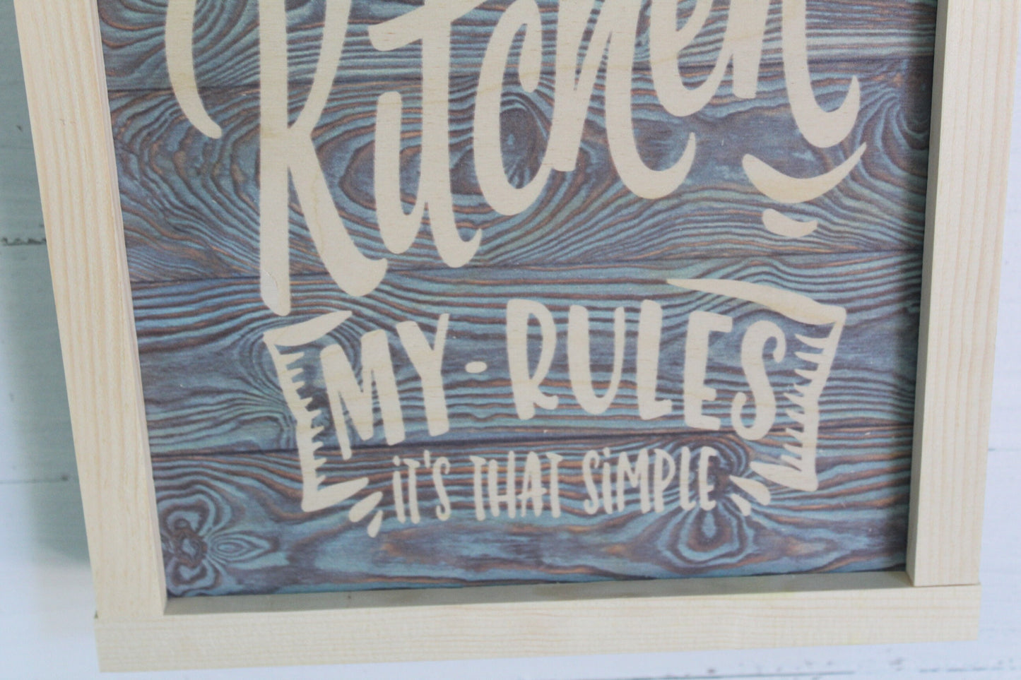 My Kitchen My Rules Wood Sign Blue Rustic Framed Wall Hanging Decor It's That Simple Decoration Primitive Country Bowl Text Print Cook