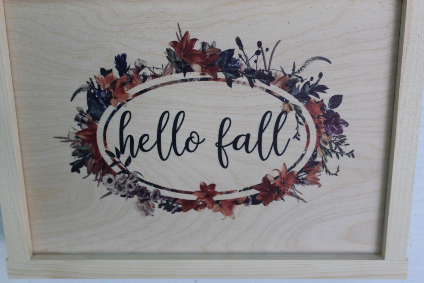 Hello Fall Colorful Wreath Wood Sign Rustic Wall Hanging Leaves Blue Mauve Natural Wood Framed Print Text Country Decoration Gift Simple