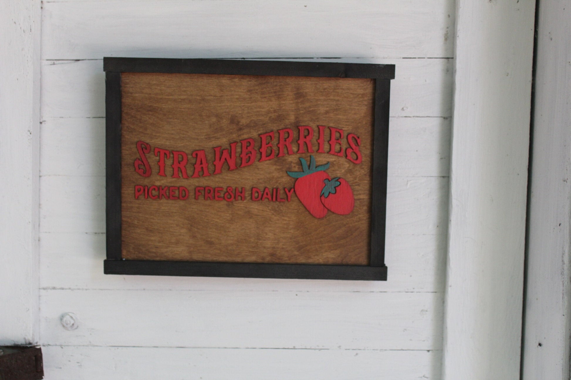 Strawberries Picked Fresh Daily Wood Sign Farmhouse Primitives Brown Wall Hanging Decoration Decor For Sale Available Strawberry Farmhouse