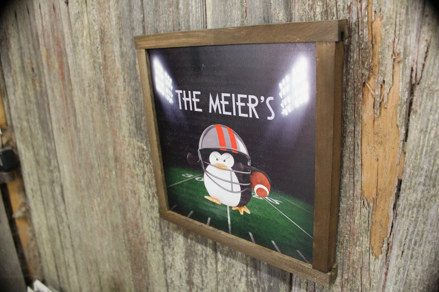 Custom Family Sign Penguin With Football Stadium UV Print Wood Frame Wall Decoration Fall Sports New Home Hostess Gift Personalize