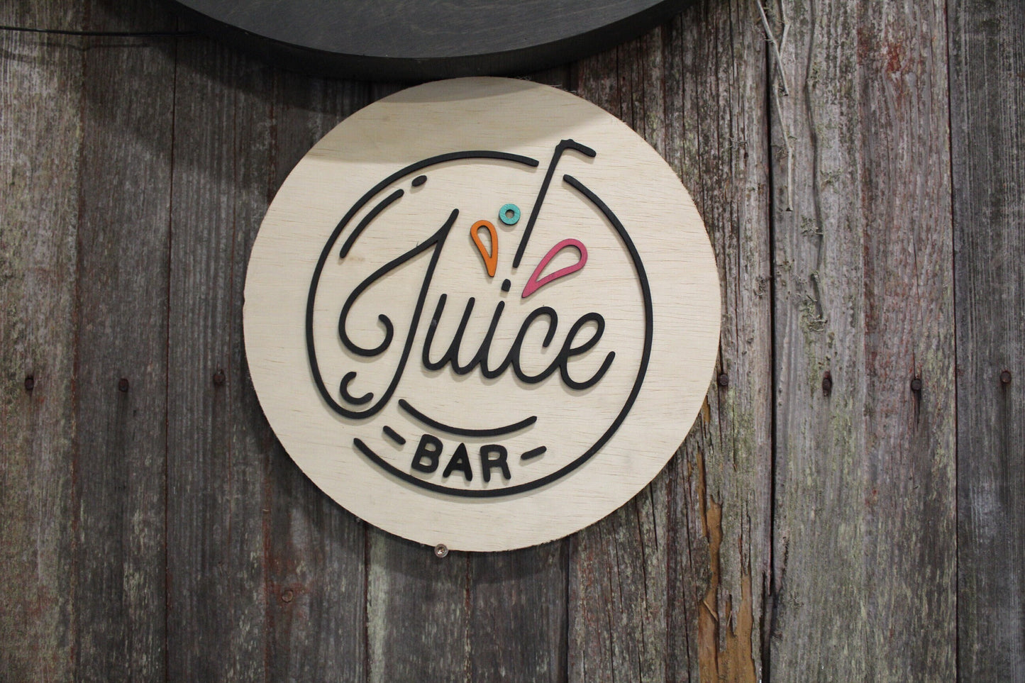 Round Juice Bar Sign Juice Stand 3D Text Large Contemporary Business Sign Straw Fruit Design Wall Art Decoration Wood Sign Lemonade