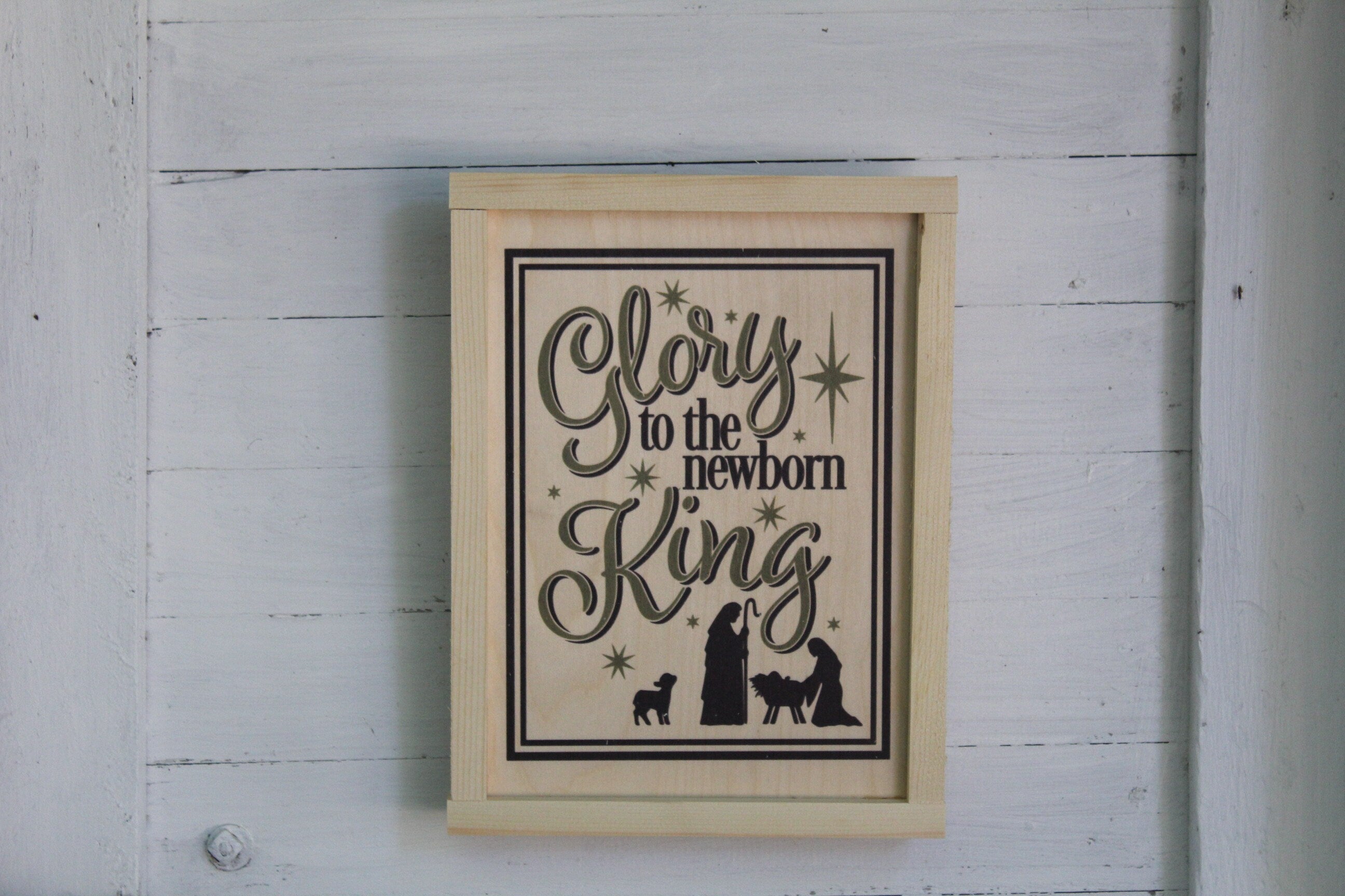 Glory To The New Born King Wood Sign Nativity Holy Family Hanging Decoration Primitive Wall Art Jesus Birth Framed Christmas Decor