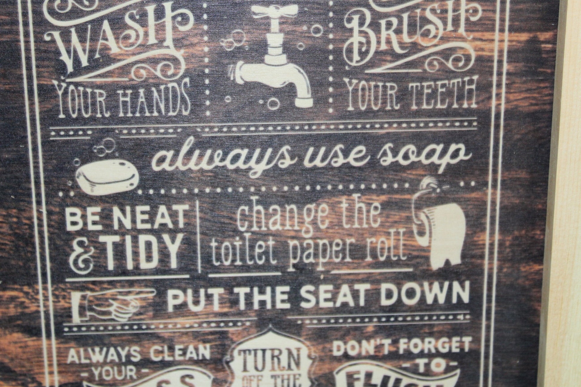 Bathroom Rules Wall Sign Wood Funny Rustic Wash Brush Tidy Change the Paper Put the Lid Down List Framed Hanging Decoration Decor Art