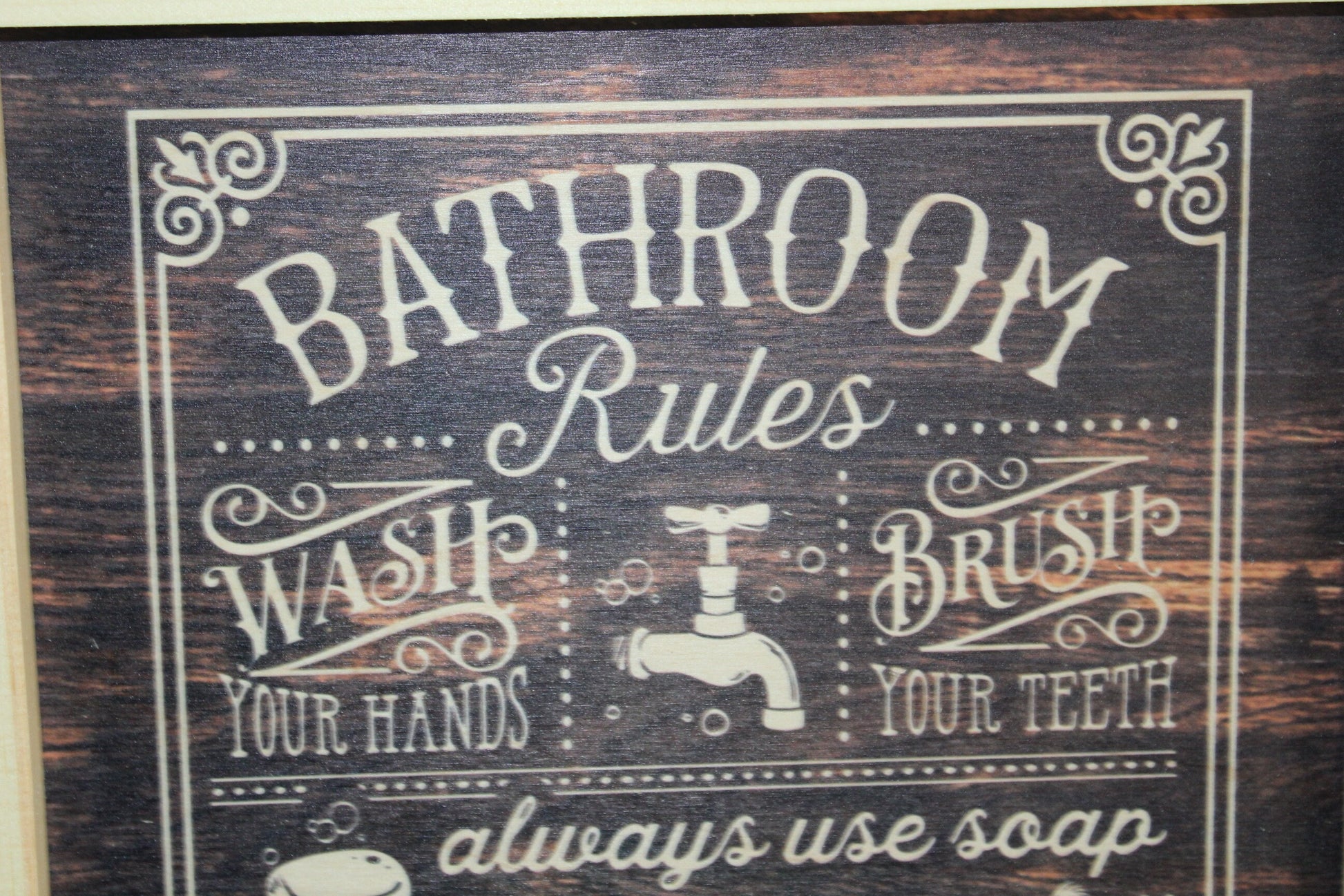 Bathroom Rules Wall Sign Wood Funny Rustic Wash Brush Tidy Change the Paper Put the Lid Down List Framed Hanging Decoration Decor Art