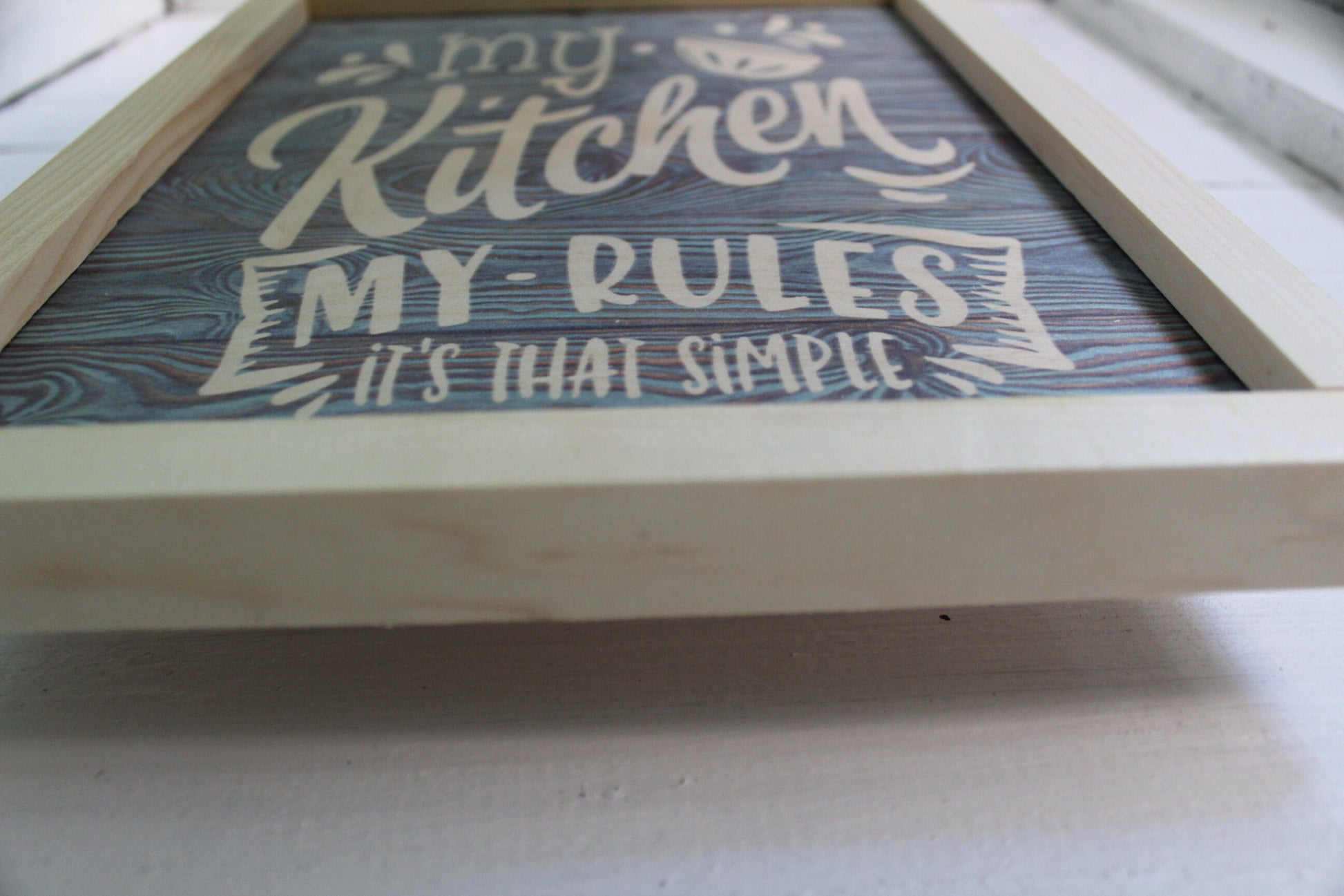 My Kitchen My Rules Wood Sign Blue Rustic Framed Wall Hanging Decor It's That Simple Decoration Primitive Country Bowl Text Print Cook