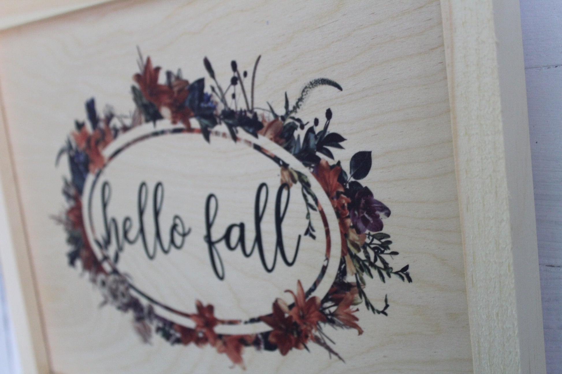 Hello Fall Colorful Wreath Wood Sign Rustic Wall Hanging Leaves Blue Mauve Natural Wood Framed Print Text Country Decoration Gift Simple