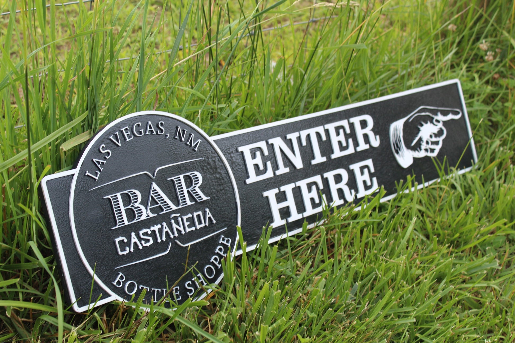 Custom Signage Logo Vintage Bar Sign Bottle Shop Enter Here ExtraLarge Finger Pointing Rustic Small Company Restaurant Indoor Outdoor Emblem
