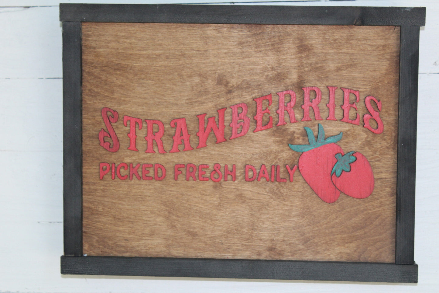 Strawberries Picked Fresh Daily Wood Sign Farmhouse Primitives Brown Wall Hanging Decoration Decor For Sale Available Strawberry Farmhouse
