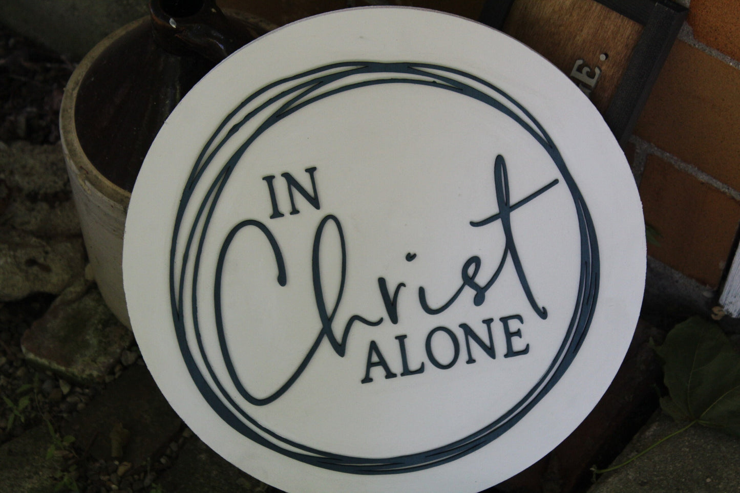 Round In Christ Alone Wood Sign 3D Raised Text Large Wall Hanging Biblical Religious Hoop Wreath Rings Farmhouse Rustic Decoration Gift