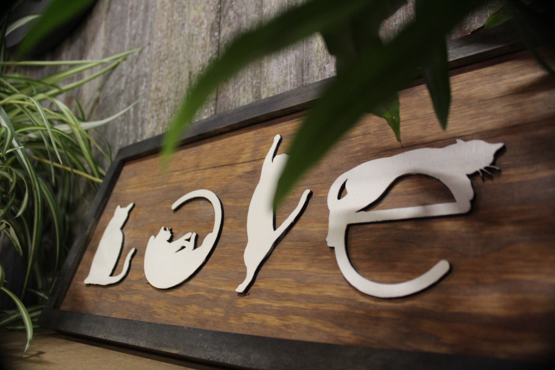 Love Spelled with Kittens Cats Cat Silhouette Pet Rustic Primitive Cat Lover Gift Wood Sign 3D Raised Image White Brown Frame Decoration